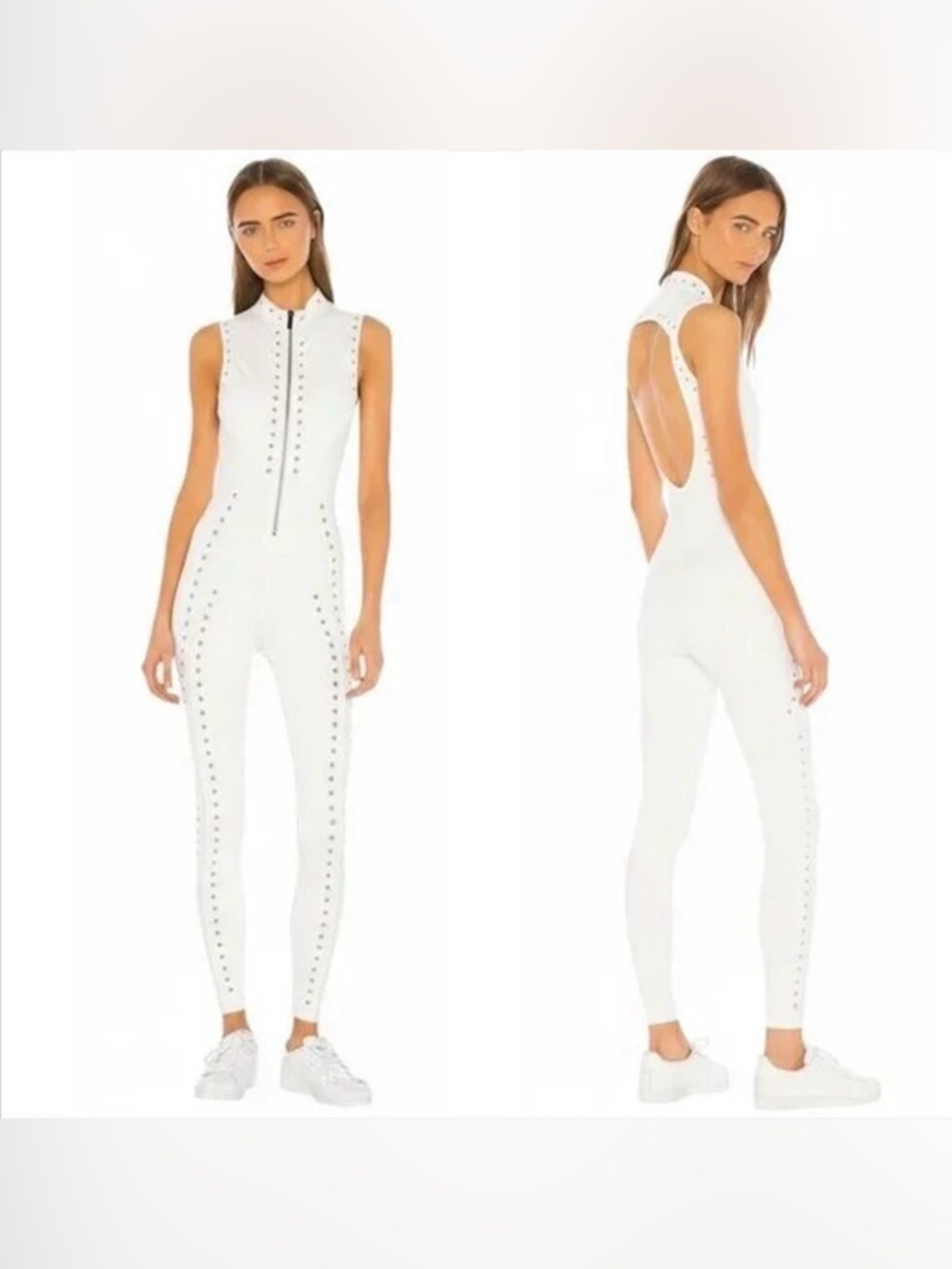 GIGI C Sarah zip up cut-out jumpsuit catsuit white triangle laser cut new Large